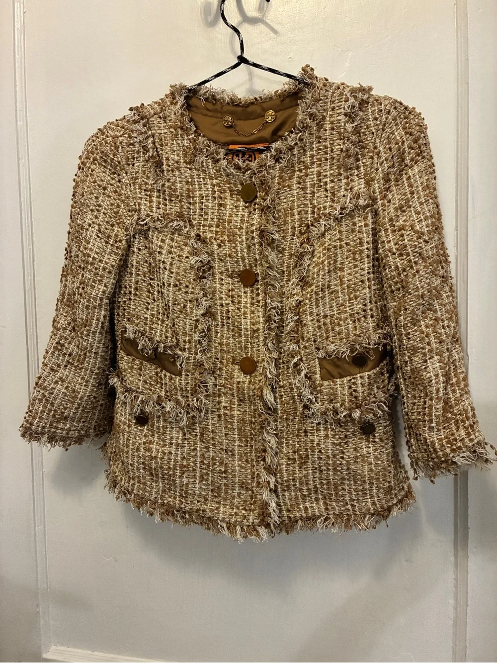 Tory Burch Camel Tweed Fringed Trim Jacket